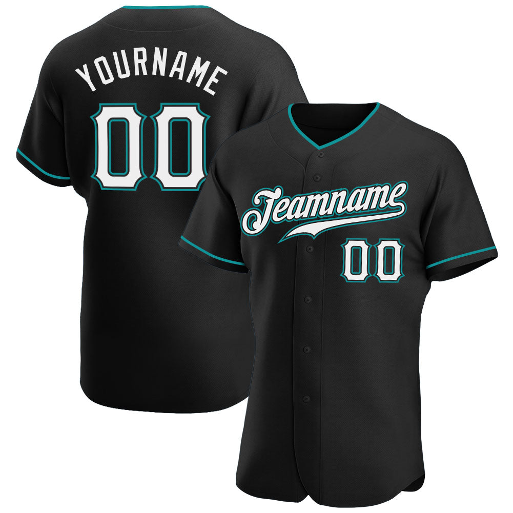 Personalized Authentic Baseball Jersey in Black, White, and Teal Personalized Black White-Teal Authentic Baseball Jersey