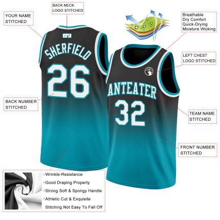 Custom Basketball Jersey - Personalized Black White Teal Authentic Fade with Name & Number Personalized Black White-Teal