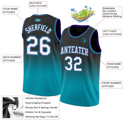 Personalized Black Teal Basketball Jersey - Authentic Fade Fashion Design Personalized Black White-Teal Authentic Fade Fashion
