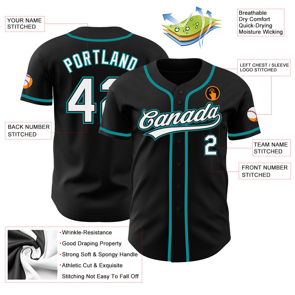 Personalized Black Teal Baseball Jersey for Kids and Adults - Customizable 4 Personalized Black White-Teal Baseball Jersey - Image 3