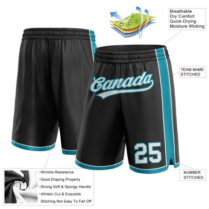 Personalized Basketball Shorts in Black, White, and Teal - Custom Sports Wear for Men and Women Personalized Black White-Teal