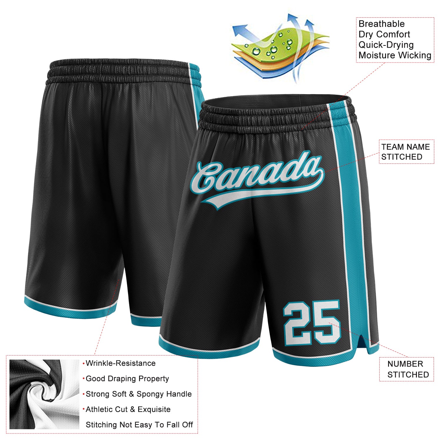 Personalized Basketball Shorts in Black, White, and Teal - Custom Sports Wear for Men and Women Personalized Black White-Teal - Image 2