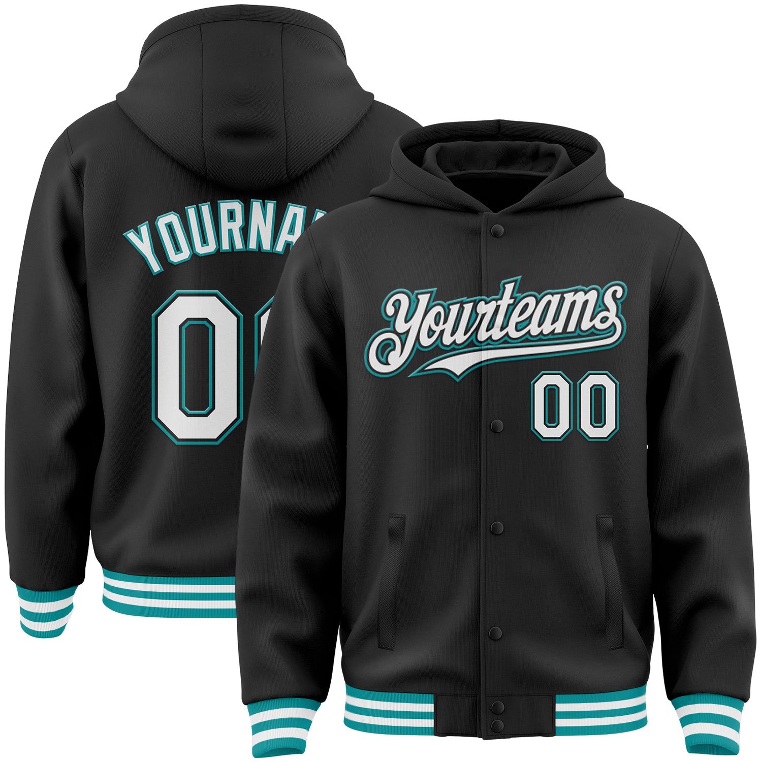 Custom Team Name Number Varsity Letterman Hoodie Jacket Black White Teal Bomber Full-Snap Personalized Black White-Teal Bomber