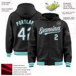 Custom Team Name Number Varsity Letterman Hoodie Jacket Black White Teal Bomber Full-Snap Personalized Black White-Teal Bomber