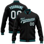 Personalized Bomber Jacket Black White Teal Full-Snap Varsity Letterman Personalized Black White-Teal Bomber Full-Snap Varsity