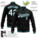 Personalized Bomber Jacket Black White Teal Full-Snap Varsity Letterman Personalized Black White-Teal Bomber Full-Snap Varsity