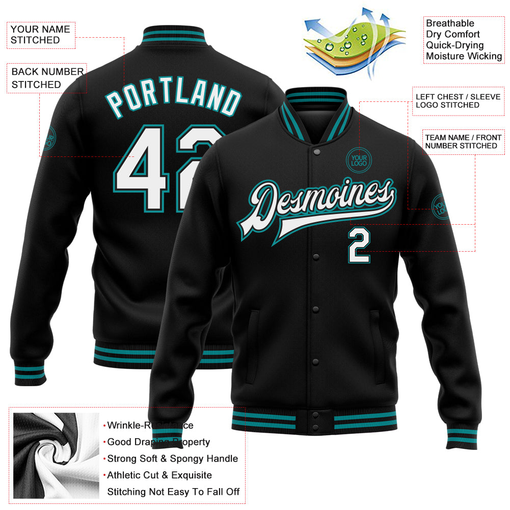 Personalized Bomber Jacket Black White Teal Full-Snap Varsity Letterman Personalized Black White-Teal Bomber Full-Snap Varsity - Image 5