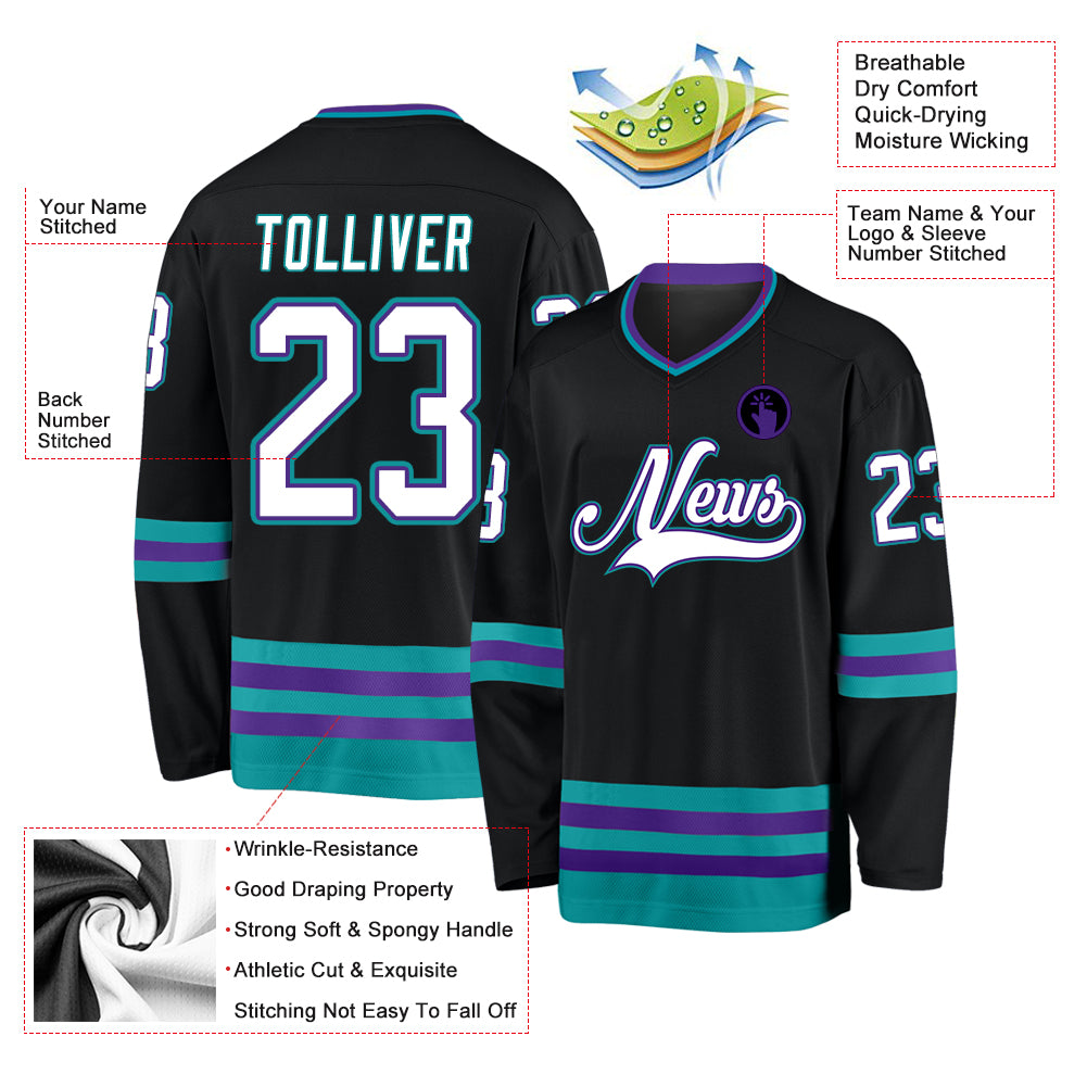 Personalized Black White Teal Hockey Jersey for Men and Women - Custom Team Apparel Personalized Black White-Teal Hockey - Image 2