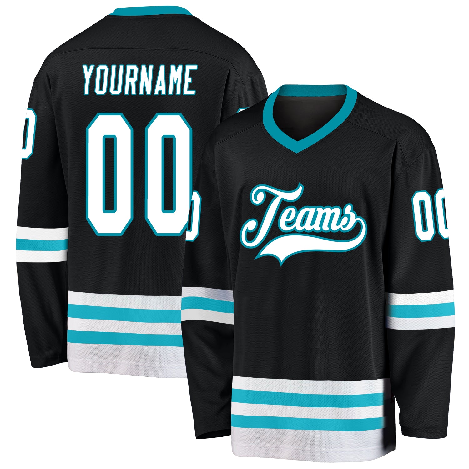 Custom Name and Number Personalized Black White Teal Hockey Jersey for Teams Personalized Black White-Teal Hockey Jersey