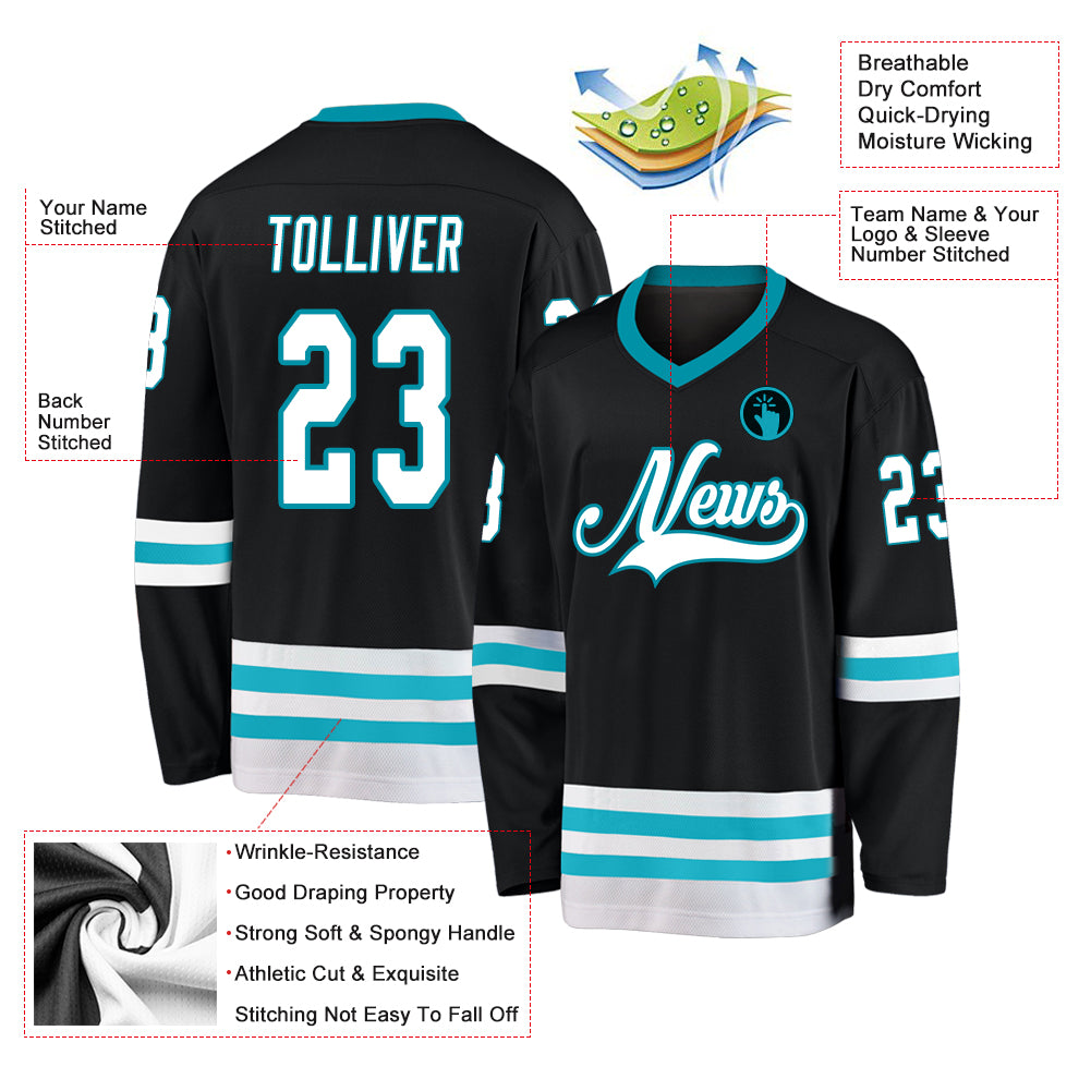 Custom Black Teal Hockey Jersey - Personalized Sports Apparel for Fans Personalized Black White-Teal Hockey Jersey - Image 4