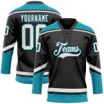 Personalized Black White Teal Lace Neck Hockey Jersey for Men and Women Personalized Black White-Teal Hockey Lace Neck Jersey