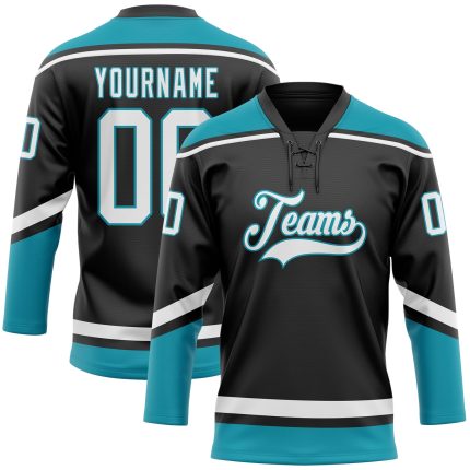 Personalized Black White Teal Lace Neck Hockey Jersey for Men and Women Personalized Black White-Teal Hockey Lace Neck Jersey