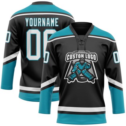 Custom Name Number Personalized Hockey Lace Neck Jersey Black White Teal Team Personalized Black White-Teal Hockey Lace Neck