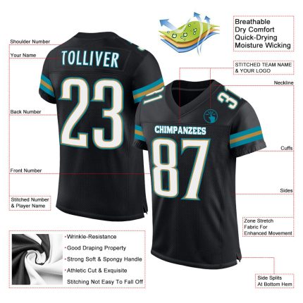Personalized Custom Black White Teal Football Jersey with Name and Number - Authentic Mesh Team Apparel Personalized Black