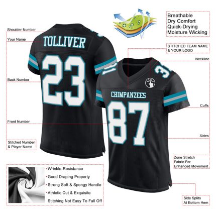 Personalized Authentic Football Jersey - Black White Teal Mesh Design Personalized Black White-Teal Mesh Authentic Football