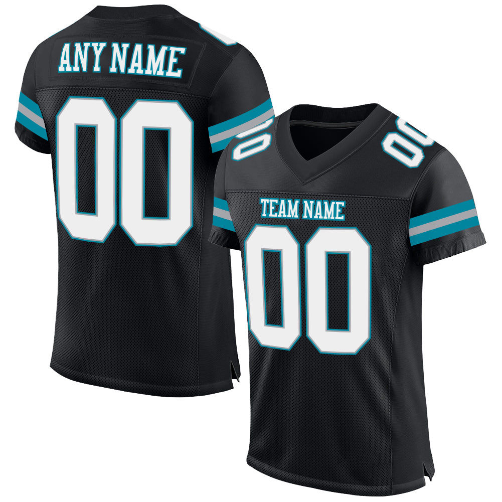 Personalized Authentic Football Jersey - Black White Teal Mesh Design Personalized Black White-Teal Mesh Authentic Football