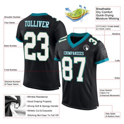 Personalized Teal Black White Mesh Football Jersey for Men, Size 3 Personalized Black White-Teal Mesh Football Jersey 3