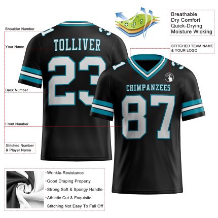 Personalized Football Jersey Black White Teal Mesh for Kids Size 4 Personalized Black White-Teal Mesh Football Jersey 4