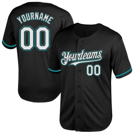 Personalized Black White Teal Baseball Jersey - Retro Mesh Throwback Design Personalized Black White-Teal Mesh Throwback