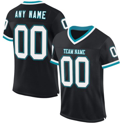 Personalized Black White Teal Mesh Throwback Football Jersey for Men Personalized Black White-Teal Mesh Throwback Football