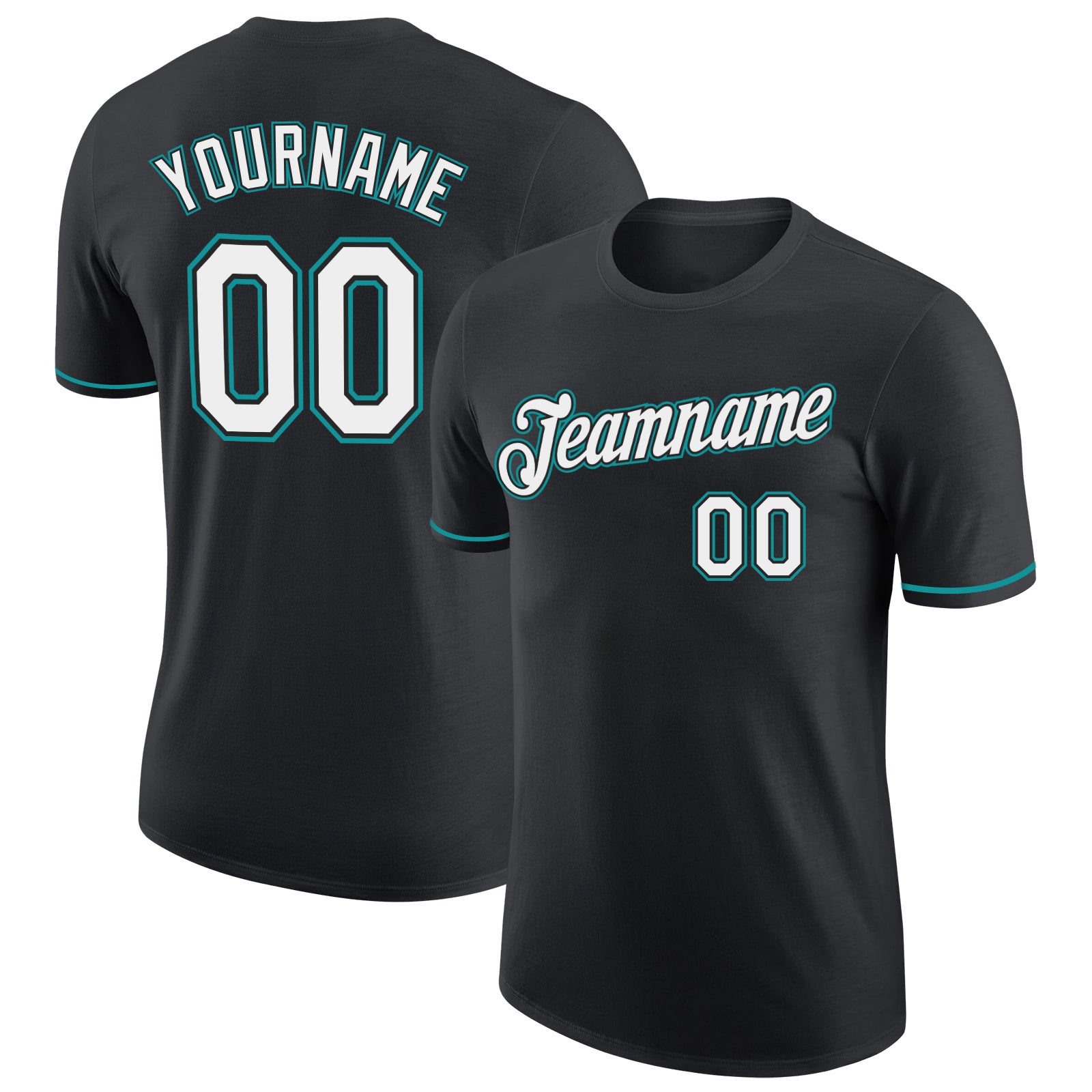 Custom Team Performance T-Shirt with Personalized Name & Number - Black, White, Teal Personalized Black White-Teal Performance