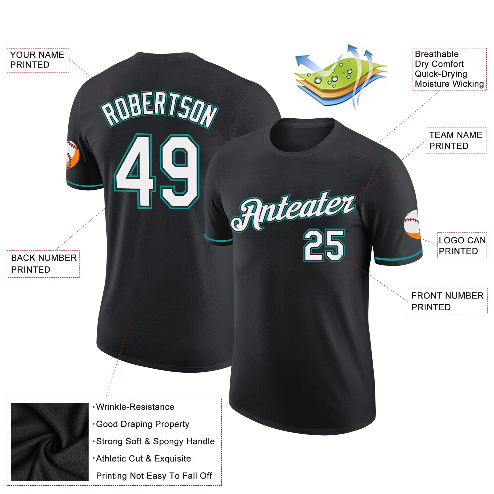Personalized Black White-Teal Performance T-Shirt Team Custom Name and Number Custom Team Performance T-Shirt with Personalized Name & Number - Black, White, Teal Personalized Black White-Teal Performance - Image 2