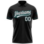 Personalized Custom Name and Number Golf Polo Shirt - Black White-Teal Performance Vapor Personalized Black White-Teal Performance