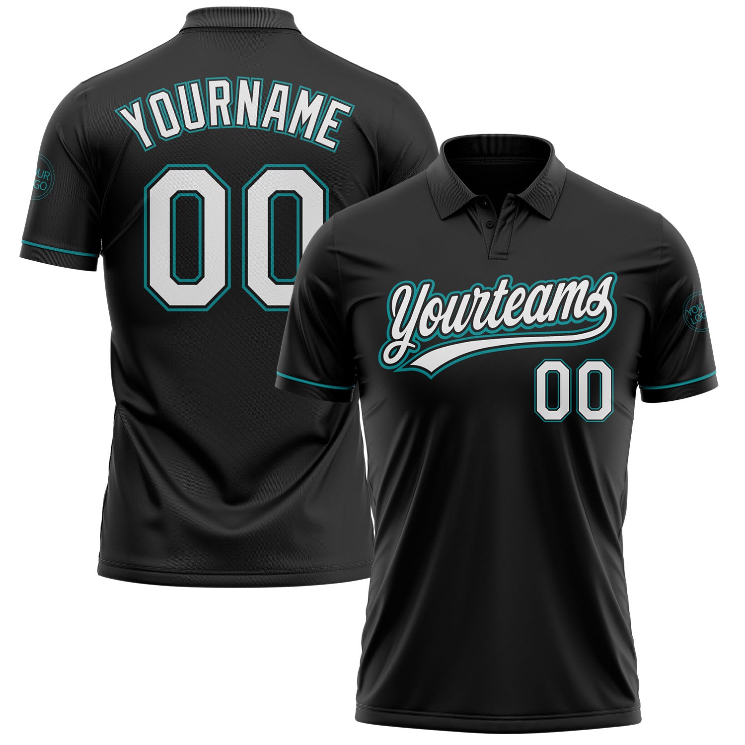 Personalized Custom Name and Number Golf Polo Shirt - Black White-Teal Performance Vapor Personalized Black White-Teal Performance