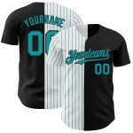 Personalized Black Teal Pinstripe Fashion Baseball Jersey for Men & Women Personalized Black White-Teal Pinstripe Split Fashion