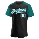 Personalized Black White Teal Raglan Baseball Jersey for Men and Women Personalized Black White-Teal Raglan Sleeves Baseball
