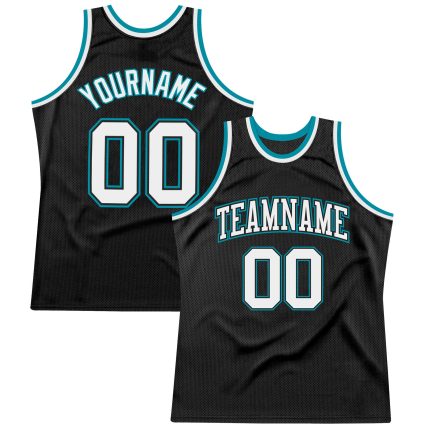 Personalized Throwback Basketball Jersey Black White Teal 3 - Custom Sports Apparel Personalized Black White-Teal Throwback