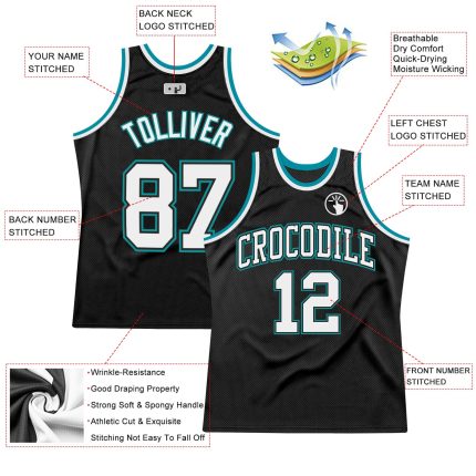 Personalized Throwback Basketball Jersey Black White Teal 3 - Custom Sports Apparel Personalized Black White-Teal Throwback