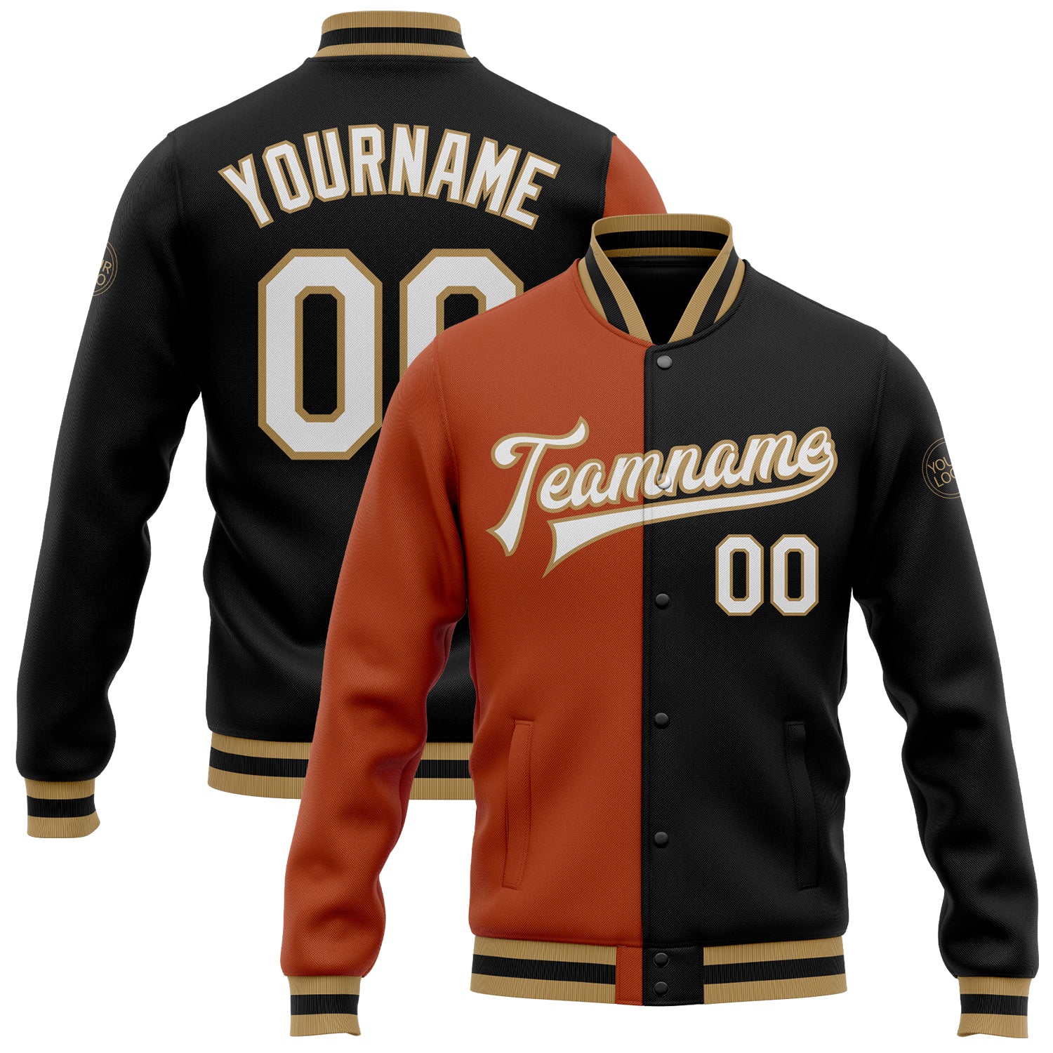 Custom Texas Orange Old Gold Varsity Letterman Jacket with Personalized Name and Number - Black White Bomber Full-Snap Fashion