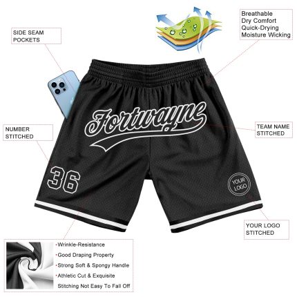 Custom Black and White Basketball Shorts for Men - Throwback Style Personalized Black White Throwback Basketball Shorts 2