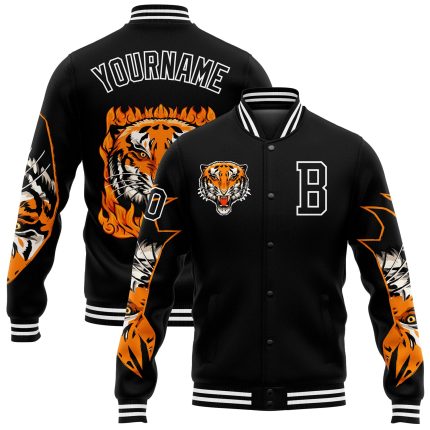 Custom 3D Black White Tiger Varsity Letterman Bomber Full-Snap Jacket Personalized Black White Tiger 3D Bomber Full-Snap
