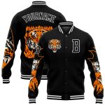 Custom Name Number Bomber Jacket for Men with 3D Black White Tiger Pattern, Full-Snap Varsity Letterman Design Personalized