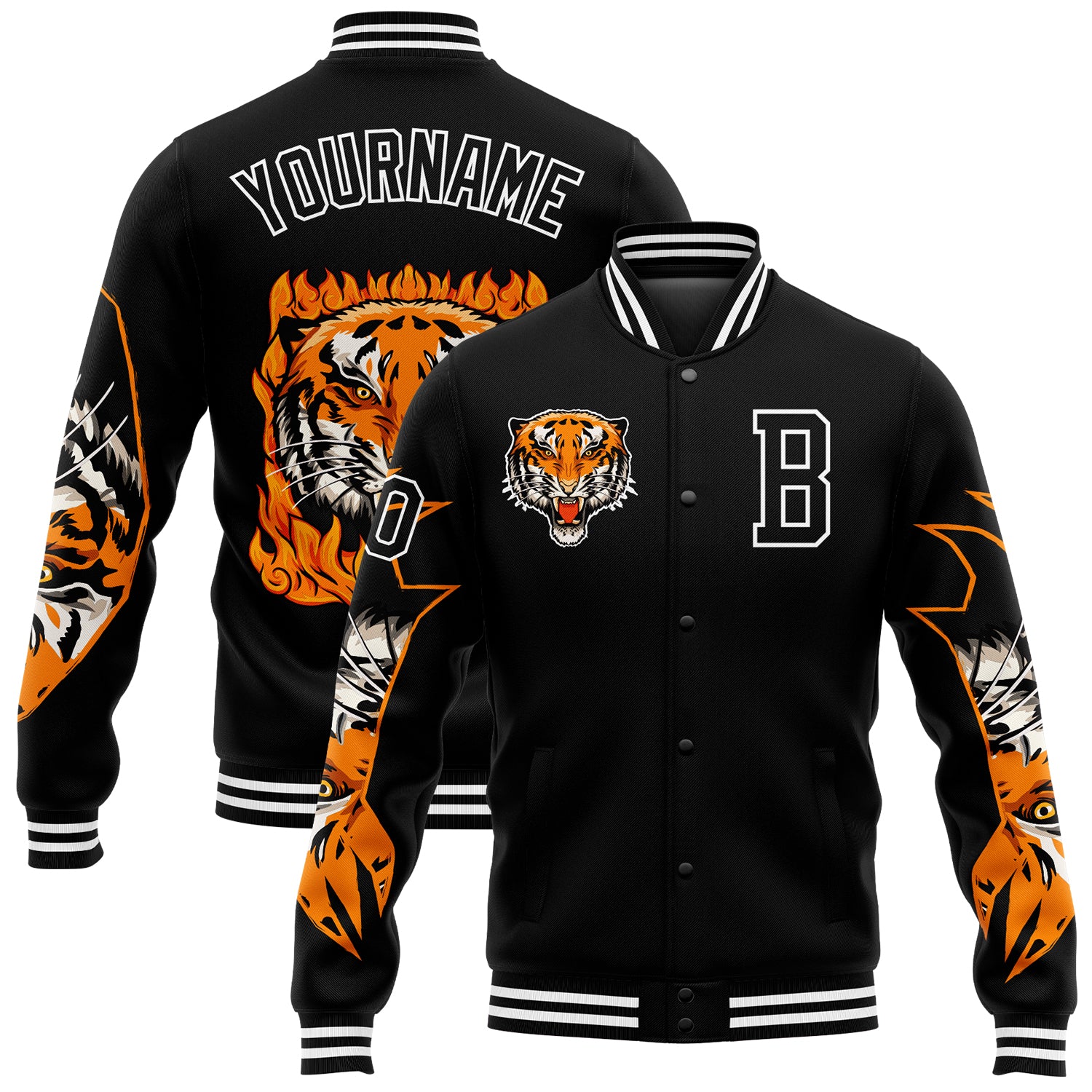 Custom Name Number Bomber Jacket for Men with 3D Black White Tiger Pattern, Full-Snap Varsity Letterman Design Personalized