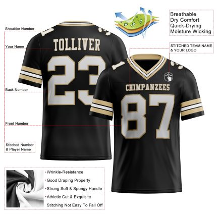 Personalized Black and Vegas Gold Mesh Football Jersey - Authentic Team Gear Personalized Black White-Vegas Gold Mesh Authentic