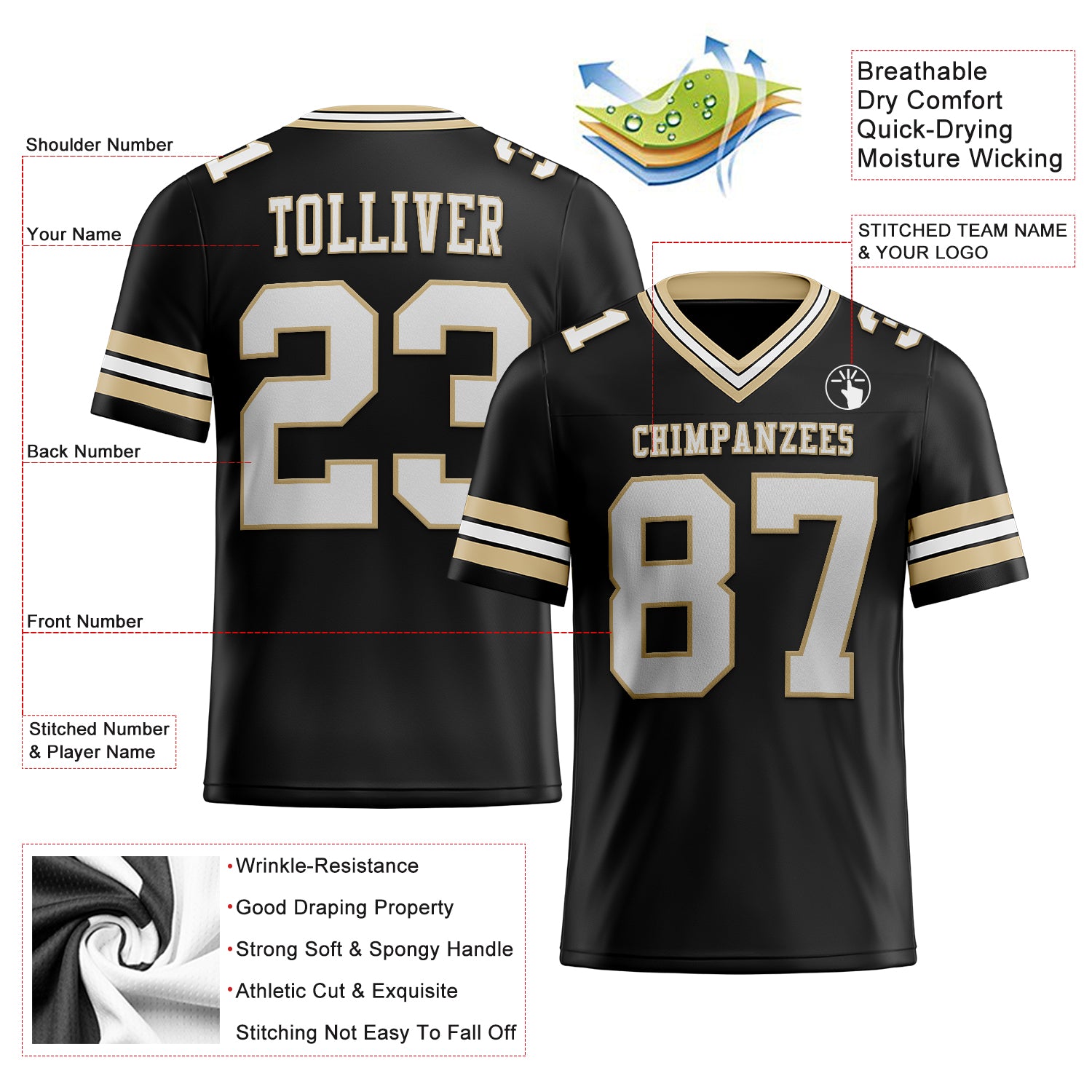 Customizable Black and White Vegas Gold Mesh Football Jersey - Personalized Sports Apparel 2 Personalized Black White-Vegas - Image 2