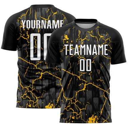 Personalized Lightning Soccer Jersey - Black White Yellow Sublimation Uniform Personalized Black White-Yellow Lightning Sublimation