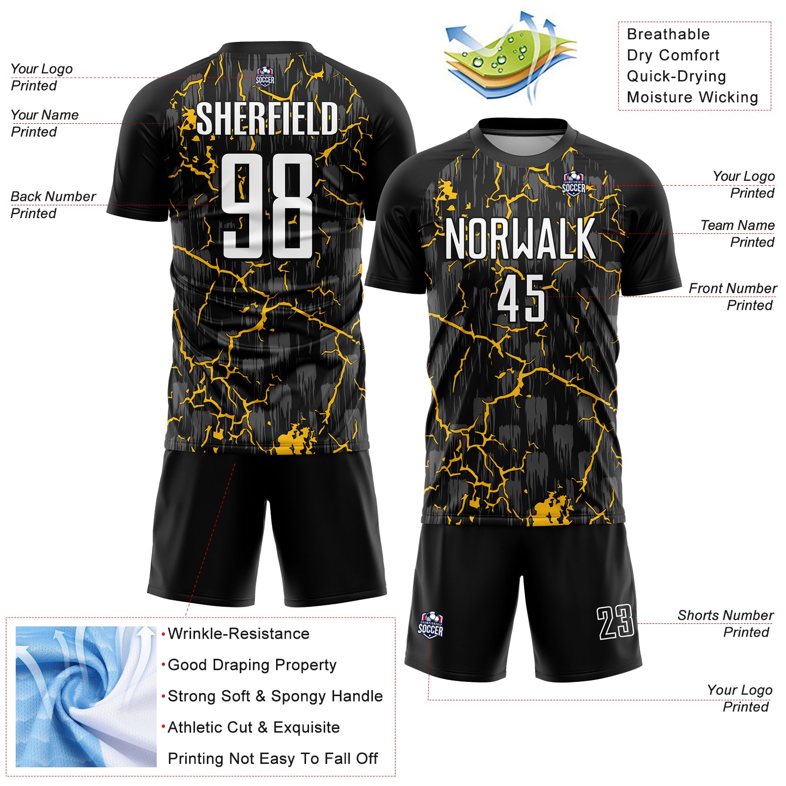 Personalized Lightning Soccer Jersey - Black White Yellow Sublimation Uniform Personalized Black White-Yellow Lightning Sublimation - Image 4