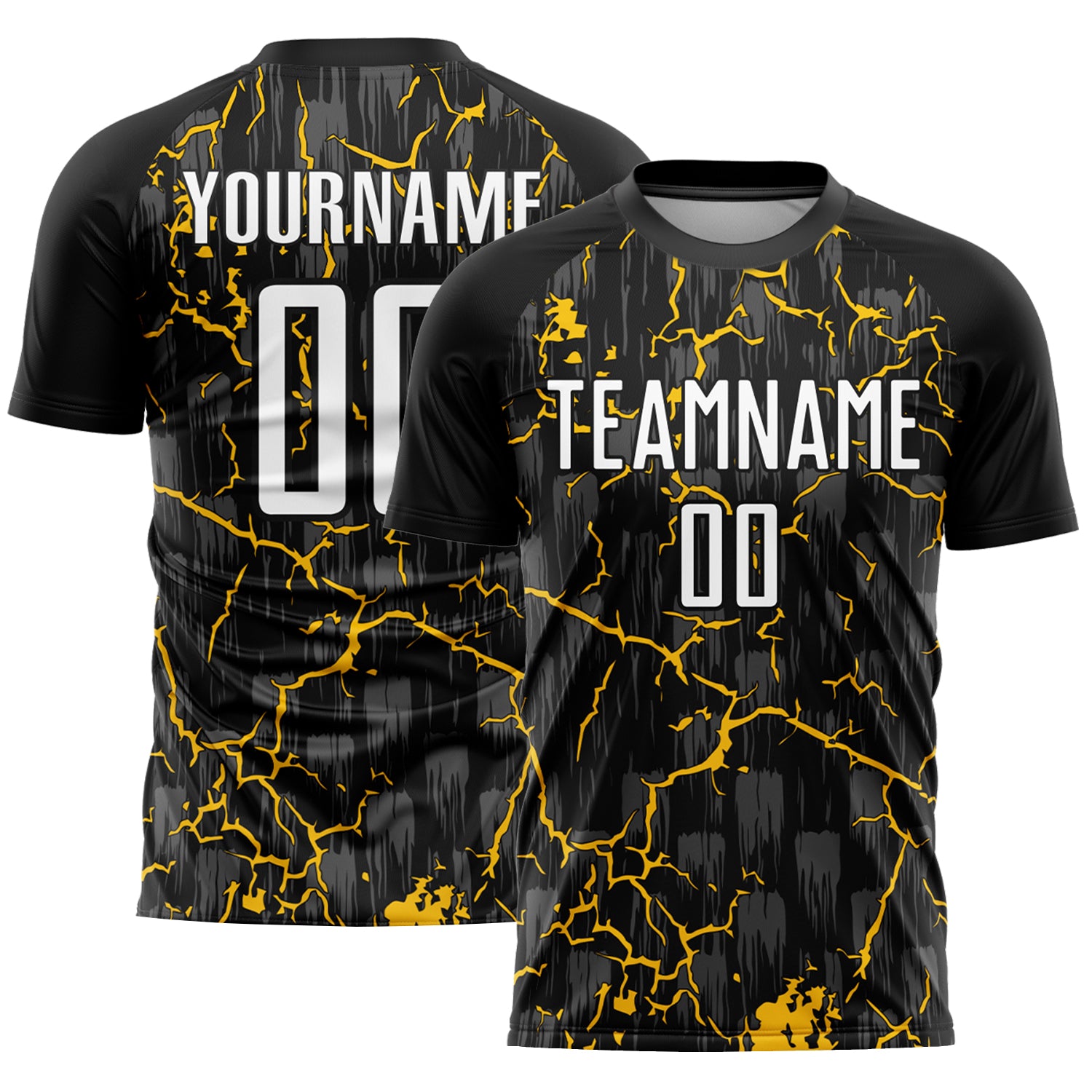 Custom Name Number Soccer Jersey - Personalized Black White Yellow Lightning Sublimation Team Uniform Personalized Black