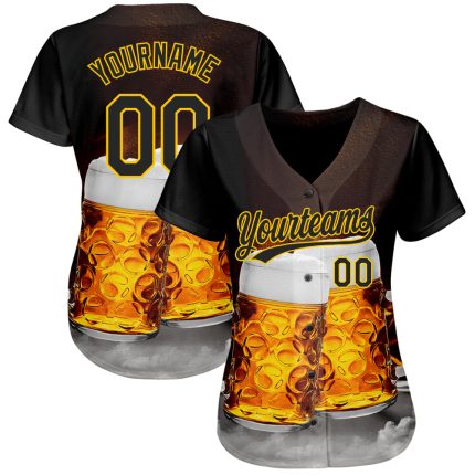 Personalized Black Yellow 3D Baseball Jersey for Beer Festival, Custom Design Personalized Black Yellow 3D Beer Festival