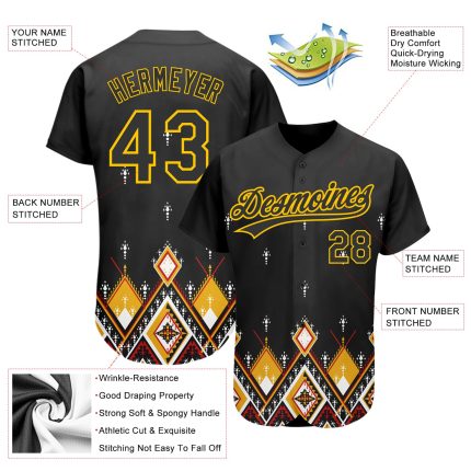 Custom 3D Geometric African Ethnic Black Yellow Baseball Jersey Personalized Black Yellow 3D Geometric African Ethnic Style