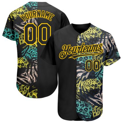 Personalized 3D Hawaii Tropical Palm Leaves Animal Print Baseball Jersey - Black Yellow Personalized Black Yellow 3D Hawaii