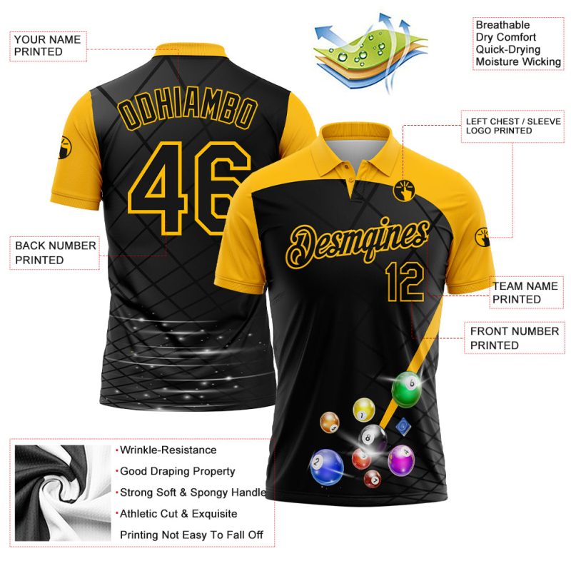 Custom Billiards Polo Shirt - Personalized 3D Black Yellow Pattern, Team Name & Number Print, Performance Fit Personalized