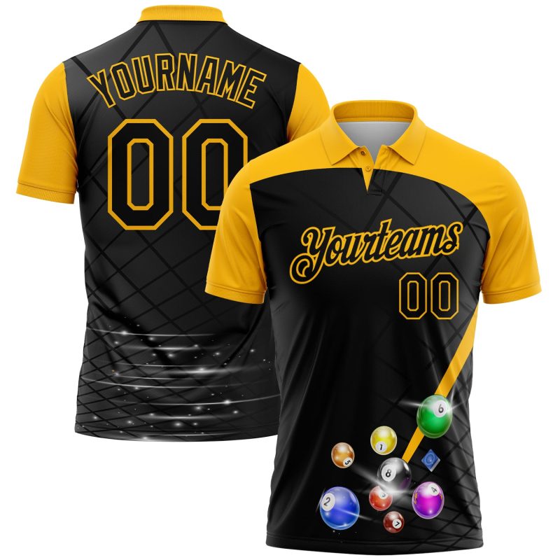Custom Billiards Polo Shirt - Personalized 3D Black Yellow Pattern, Team Name & Number Print, Performance Fit Personalized