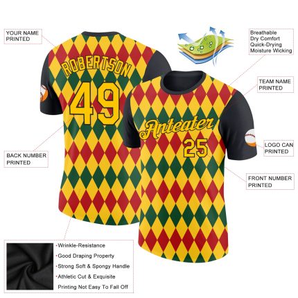 Custom Black Yellow 3D Pattern Black History Month T-Shirt with Team Name & Number - Performance Apparel Personalized Black