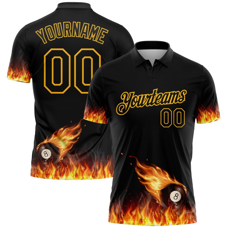 Custom 3D Flame Billiards 8 Ball Polo Shirt Personalized Black Yellow Design with Name and Number Personalized Black Yellow