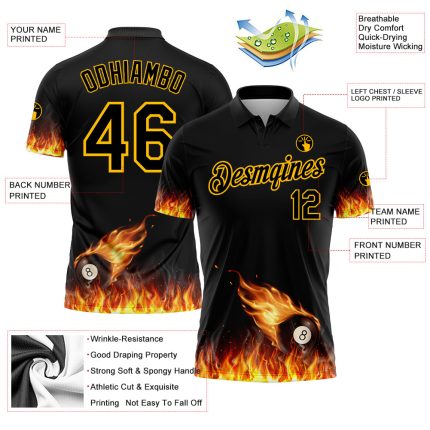 Custom 3D Flame Billiards 8 Ball Polo Shirt Personalized Black Yellow Design with Name and Number Personalized Black Yellow